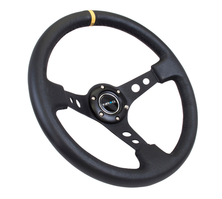 NRG Reinforced Steering Wheel (350mm / 3in. Deep) Blk Leather w/Blk Cutout Spoke/Yellow Center Mark - Bull Strap
