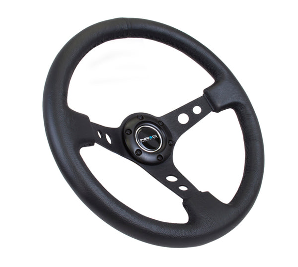 NRG Reinforced Steering Wheel (350mm / 3in. Deep) Blk Leather w/Blk Spoke & Circle Cutouts - Bull Strap