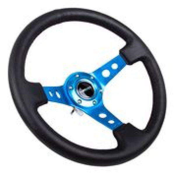 NRG Reinforced Steering Wheel (350mm / 3in. Deep) Blk Leather w/Blue Circle Cutout Spokes - Bull Strap