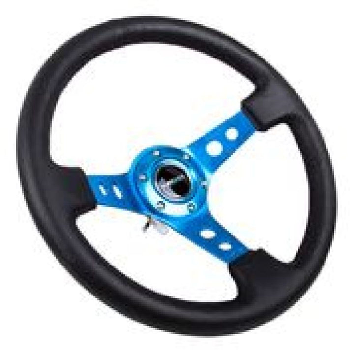 NRG Reinforced Steering Wheel (350mm / 3in. Deep) Blk Leather w/Blue Circle Cutout Spokes - Bull Strap