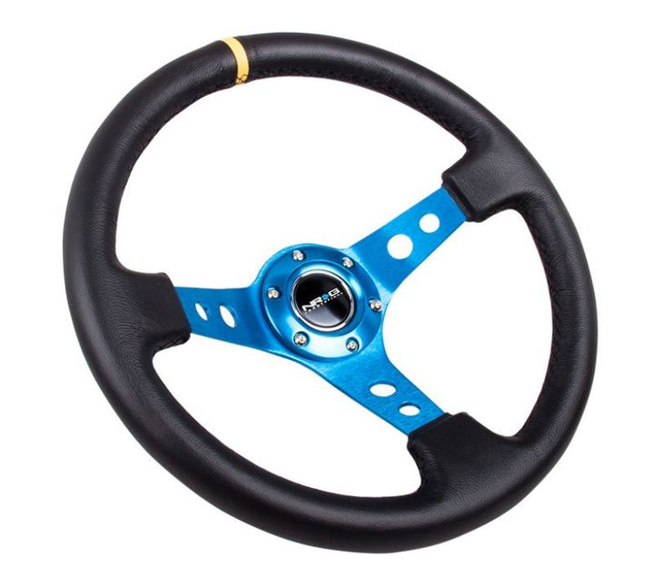 NRG Reinforced Steering Wheel (350mm / 3in. Deep) Blk Leather w/Blue Circle Cutout Spokes - Bull Strap