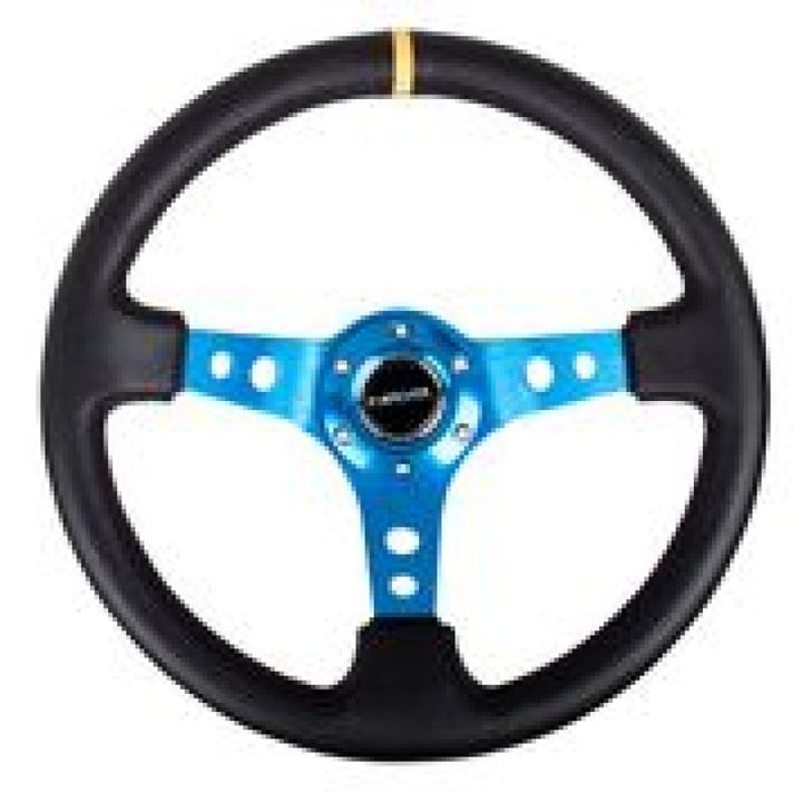 NRG Reinforced Steering Wheel (350mm / 3in. Deep) Blk Leather w/Blue Circle Cutout Spokes - Bull Strap