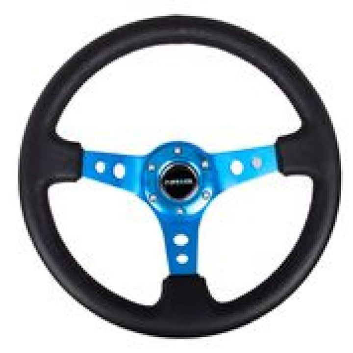 NRG Reinforced Steering Wheel (350mm / 3in. Deep) Blk Leather w/Blue Circle Cutout Spokes - Bull Strap