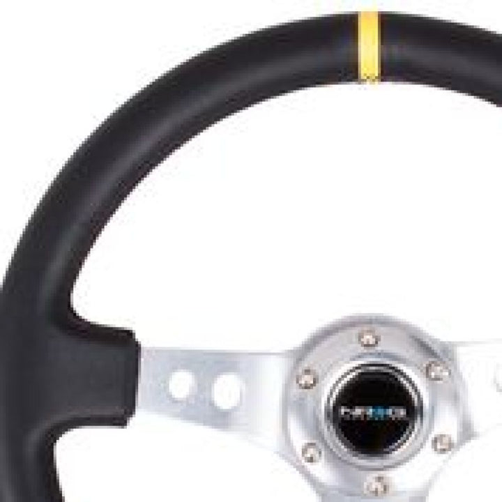 NRG Reinforced Steering Wheel (350mm / 3in. Deep) Blk Leather w/Circle Cut Spokes & Single Yellow CM - Bull Strap