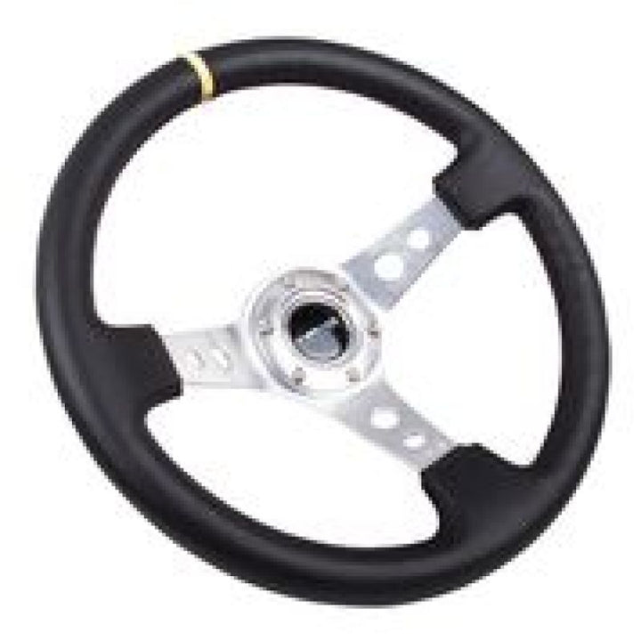 NRG Reinforced Steering Wheel (350mm / 3in. Deep) Blk Leather w/Circle Cut Spokes & Single Yellow CM - Bull Strap