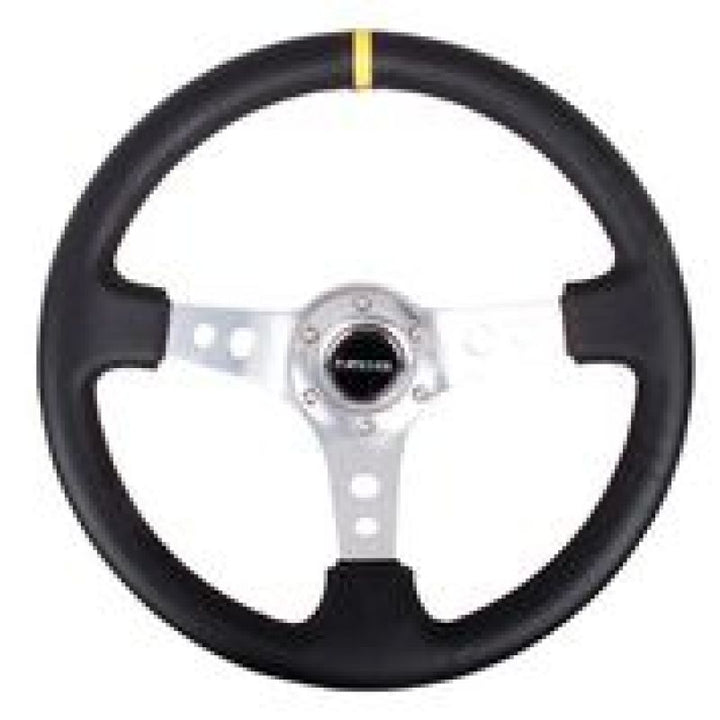 NRG Reinforced Steering Wheel (350mm / 3in. Deep) Blk Leather w/Circle Cut Spokes & Single Yellow CM - Bull Strap