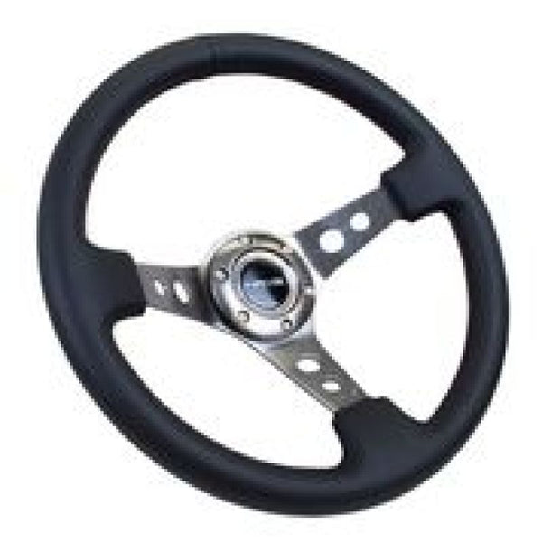 NRG Reinforced Steering Wheel (350mm / 3in. Deep) Blk Leather w/Gunmetal Circle Cutout Spokes - Bull Strap