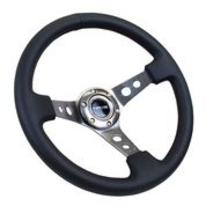 NRG Reinforced Steering Wheel (350mm / 3in. Deep) Blk Leather w/Gunmetal Circle Cutout Spokes - Bull Strap