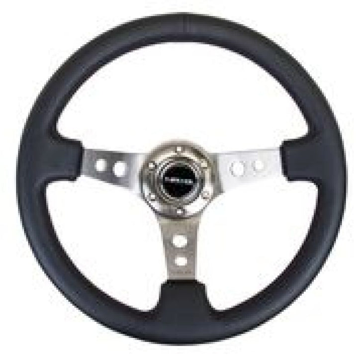 NRG Reinforced Steering Wheel (350mm / 3in. Deep) Blk Leather w/Gunmetal Circle Cutout Spokes - Bull Strap