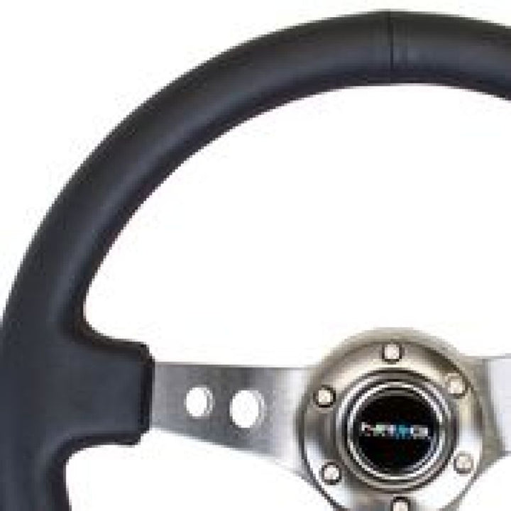 NRG Reinforced Steering Wheel (350mm / 3in. Deep) Blk Leather w/Gunmetal Circle Cutout Spokes - Bull Strap
