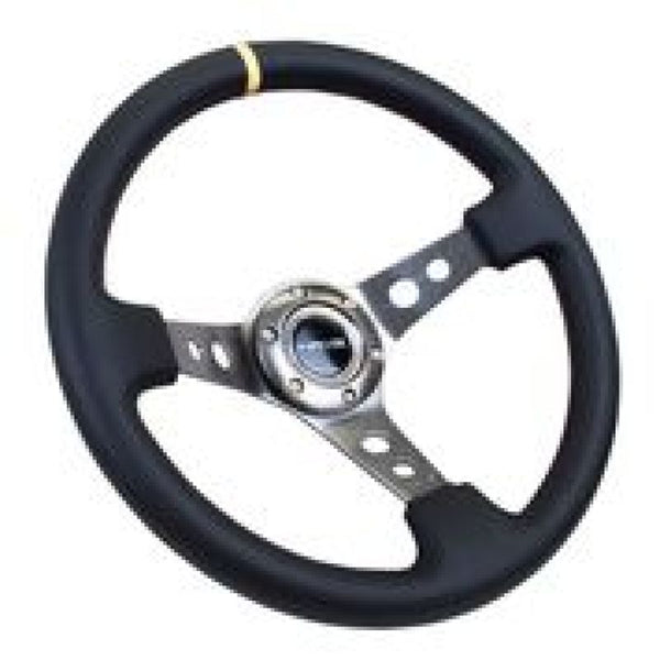 NRG Reinforced Steering Wheel (350mm / 3in. Deep) Blk Leather w/Gunmetal Cutout Spoke & Yellow CM - Bull Strap