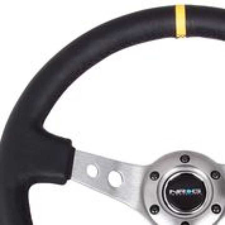 NRG Reinforced Steering Wheel (350mm / 3in. Deep) Blk Leather w/Gunmetal Cutout Spoke & Yellow CM - Bull Strap
