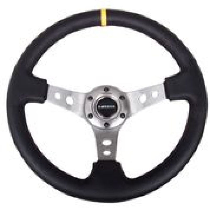 NRG Reinforced Steering Wheel (350mm / 3in. Deep) Blk Leather w/Gunmetal Cutout Spoke & Yellow CM - Bull Strap