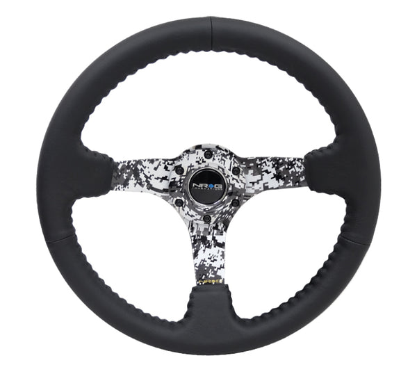 NRG Reinforced Steering Wheel (350mm / 3in. Deep) Blk Leather w/Hydrodipped Digi-Camo Spokes - Bull Strap