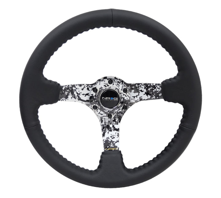 NRG Reinforced Steering Wheel (350mm / 3in. Deep) Blk Leather w/Hydrodipped Digi-Camo Spokes - Bull Strap
