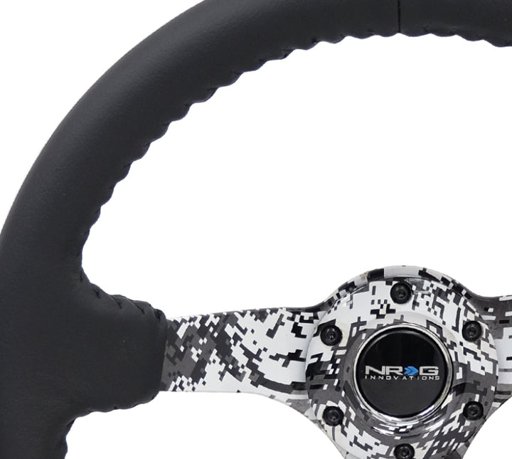 NRG Reinforced Steering Wheel (350mm / 3in. Deep) Blk Leather w/Hydrodipped Digi-Camo Spokes - Bull Strap