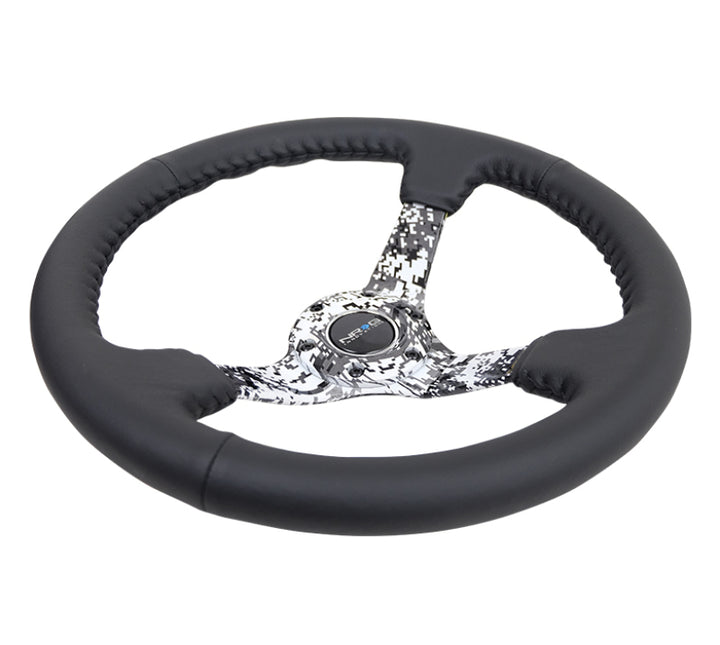 NRG Reinforced Steering Wheel (350mm / 3in. Deep) Blk Leather w/Hydrodipped Digi-Camo Spokes - Bull Strap