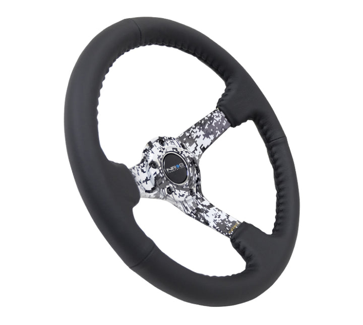 NRG Reinforced Steering Wheel (350mm / 3in. Deep) Blk Leather w/Hydrodipped Digi-Camo Spokes - Bull Strap