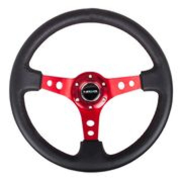 NRG Reinforced Steering Wheel (350mm / 3in. Deep) Blk Leather w/Red Circle Cutout Spokes - Bull Strap