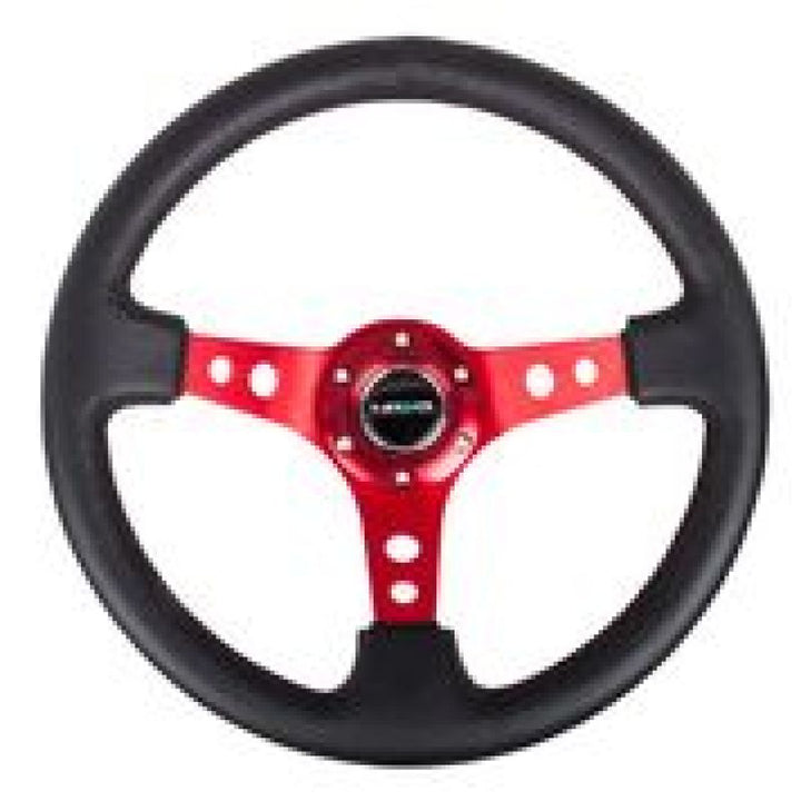NRG Reinforced Steering Wheel (350mm / 3in. Deep) Blk Leather w/Red Circle Cutout Spokes - Bull Strap