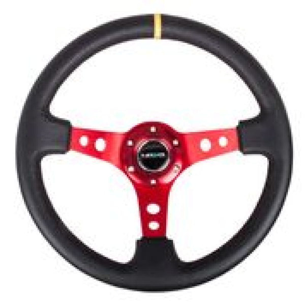 NRG Reinforced Steering Wheel (350mm / 3in. Deep) Blk Leather w/Red Spokes & Sgl Yellow Center Mark - Bull Strap