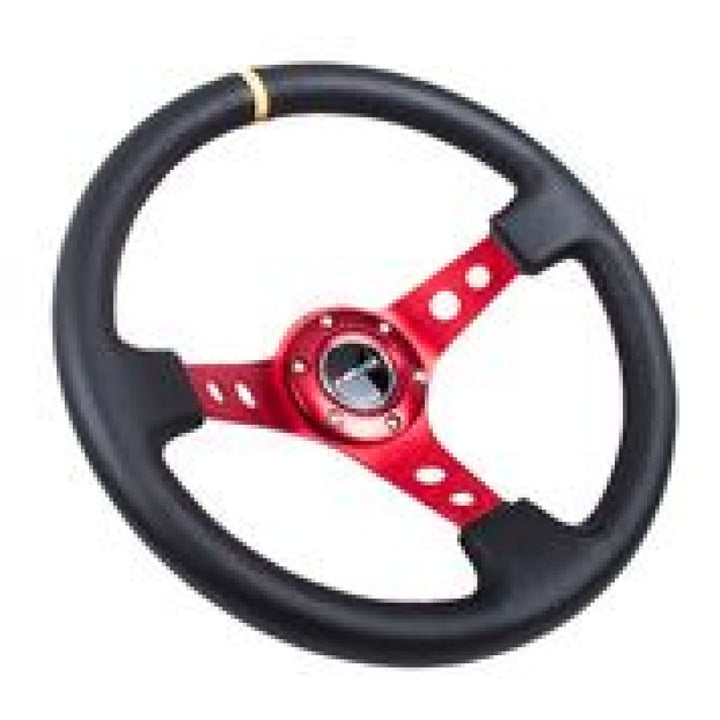 NRG Reinforced Steering Wheel (350mm / 3in. Deep) Blk Leather w/Red Spokes & Sgl Yellow Center Mark - Bull Strap