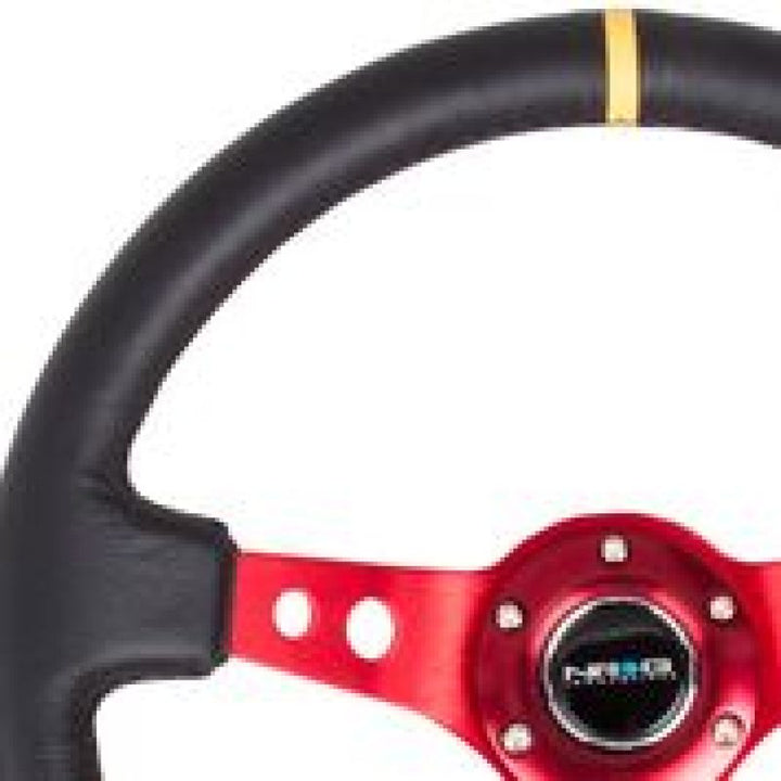 NRG Reinforced Steering Wheel (350mm / 3in. Deep) Blk Leather w/Red Spokes & Sgl Yellow Center Mark - Bull Strap