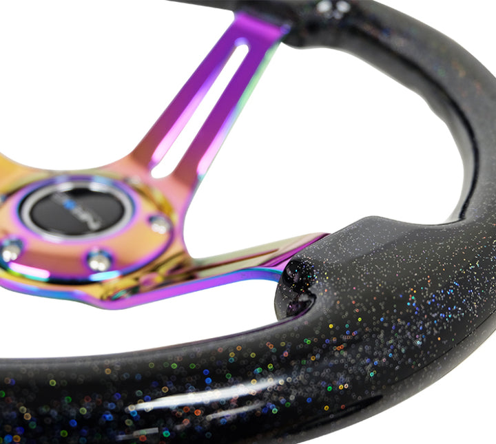 NRG Reinforced Steering Wheel (350mm / 3in. Deep) Blk Multi Color Flake w/ Neochrome Center Mark - Bull Strap