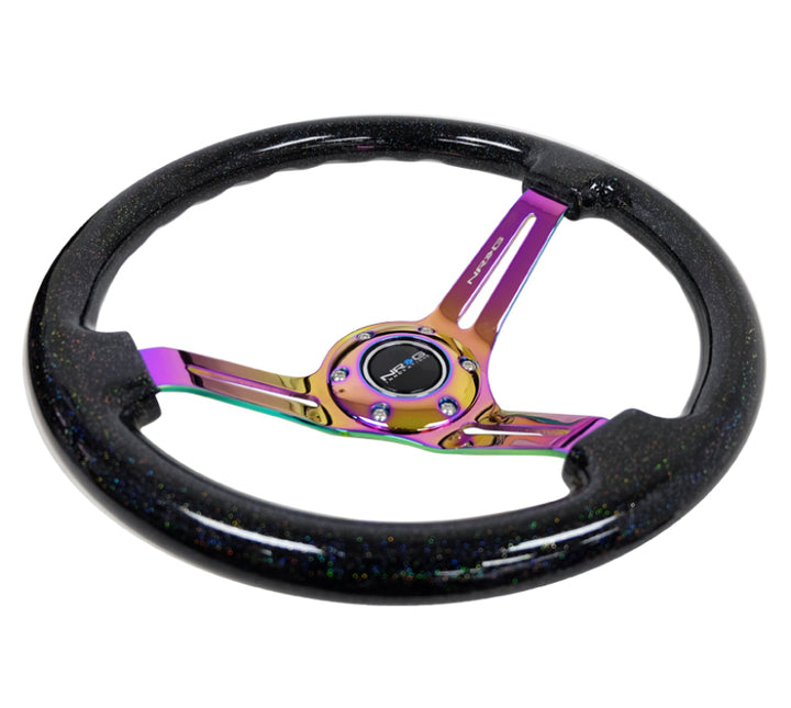 NRG Reinforced Steering Wheel (350mm / 3in. Deep) Blk Multi Color Flake w/ Neochrome Center Mark - Bull Strap