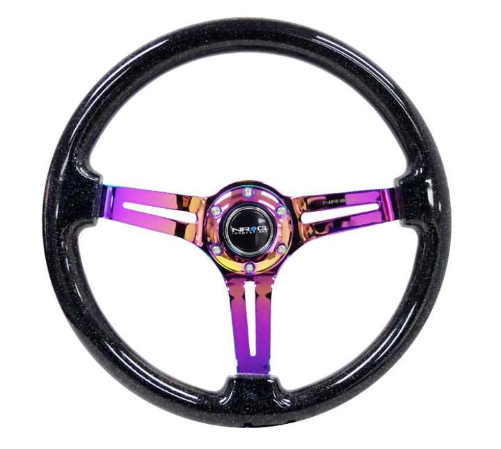 NRG Reinforced Steering Wheel (350mm / 3in. Deep) Blk Multi Color Flake w/ Neochrome Center Mark - Bull Strap