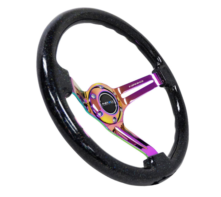 NRG Reinforced Steering Wheel (350mm / 3in. Deep) Blk Multi Color Flake w/ Neochrome Center Mark - Bull Strap