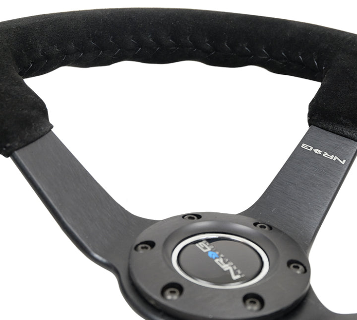 NRG Reinforced Steering Wheel (350mm / 3in. Deep) Blk Suede/Blk Bball Stitch w/5mm Matte Black Spoke - Bull Strap