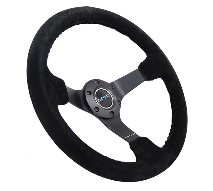 NRG Reinforced Steering Wheel (350mm / 3in. Deep) Blk Suede/Blk Bball Stitch w/5mm Matte Black Spoke - Bull Strap
