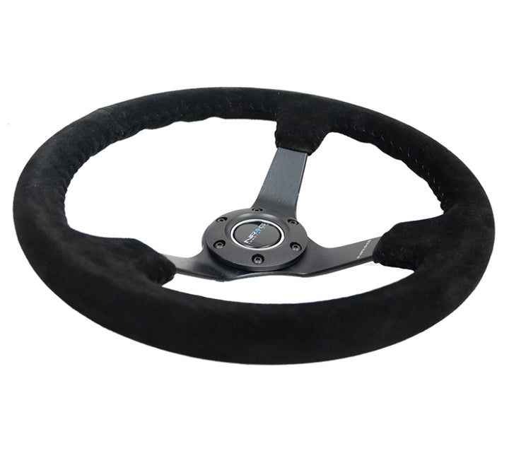 NRG Reinforced Steering Wheel (350mm / 3in. Deep) Blk Suede/Blk Bball Stitch w/5mm Matte Black Spoke - Bull Strap
