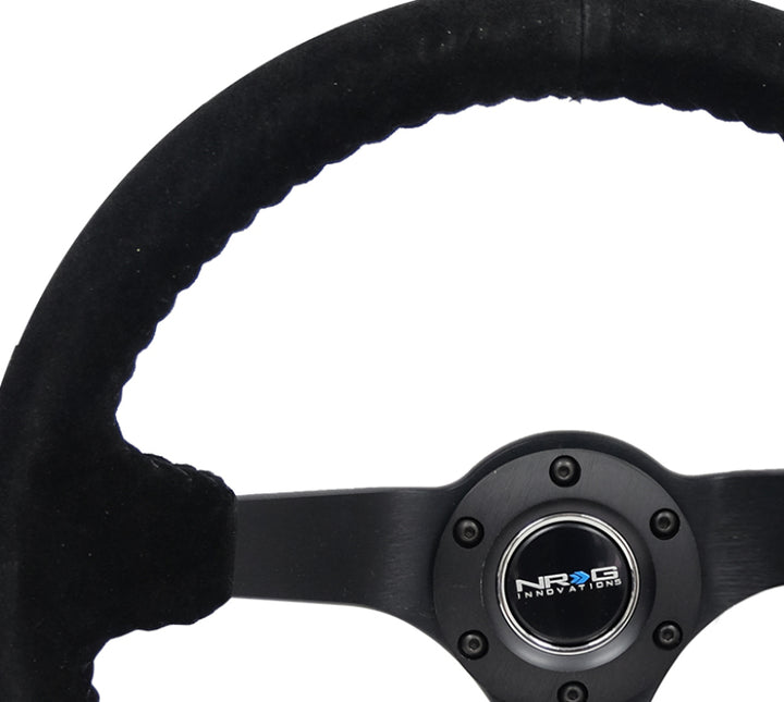 NRG Reinforced Steering Wheel (350mm / 3in. Deep) Blk Suede/Blk Bball Stitch w/5mm Matte Black Spoke - Bull Strap