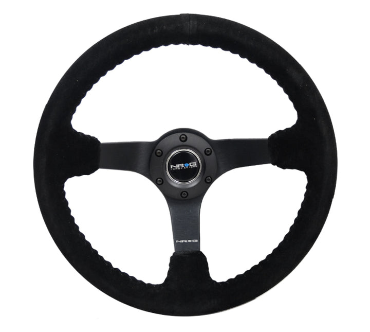 NRG Reinforced Steering Wheel (350mm / 3in. Deep) Blk Suede/Blk Bball Stitch w/5mm Matte Black Spoke - Bull Strap