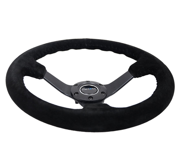 NRG Reinforced Steering Wheel (350mm / 3in. Deep) Blk Suede/Blk Bball Stitch w/5mm Matte Black Spoke - Bull Strap