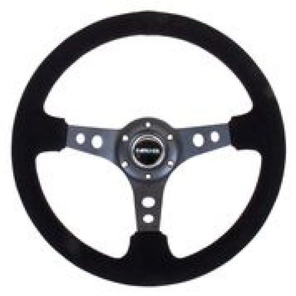 NRG Reinforced Steering Wheel (350mm / 3in. Deep) Blk Suede/Blk Stitch w/Black Circle Cutout Spokes - Bull Strap