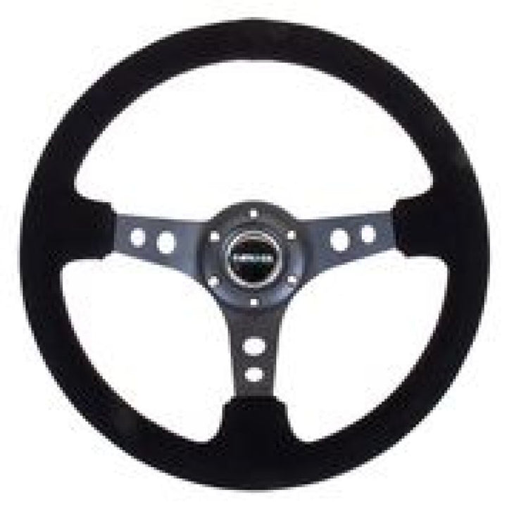 NRG Reinforced Steering Wheel (350mm / 3in. Deep) Blk Suede/Blk Stitch w/Black Circle Cutout Spokes - Bull Strap