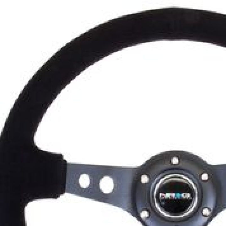 NRG Reinforced Steering Wheel (350mm / 3in. Deep) Blk Suede/Blk Stitch w/Black Circle Cutout Spokes - Bull Strap