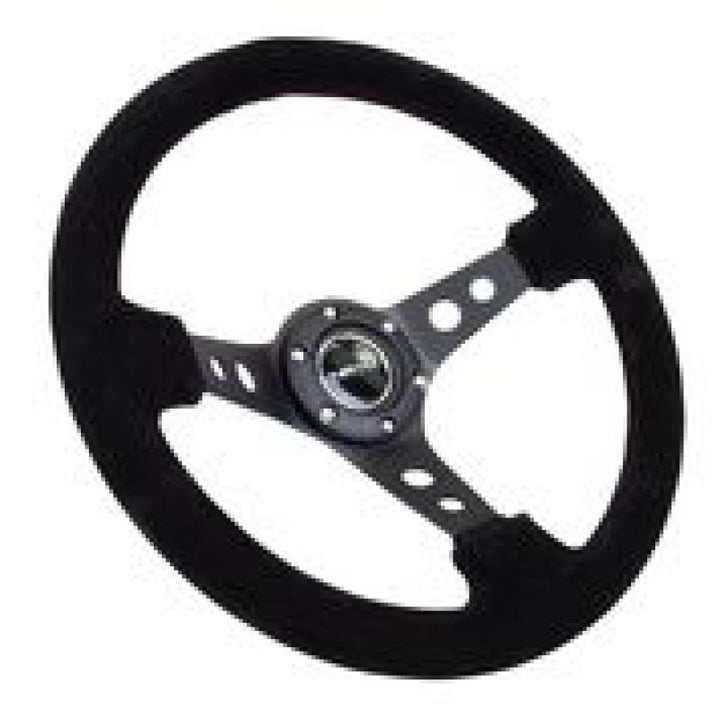 NRG Reinforced Steering Wheel (350mm / 3in. Deep) Blk Suede/Blk Stitch w/Black Circle Cutout Spokes - Bull Strap