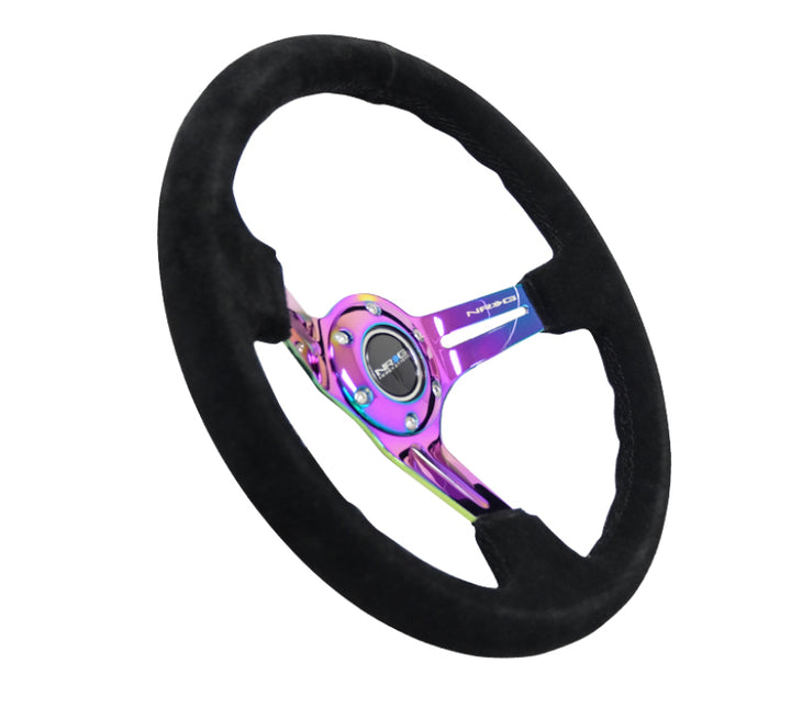 NRG Reinforced Steering Wheel (350mm / 3in. Deep) Blk Suede/Blk Stitch w/Neochrome Slits - Bull Strap