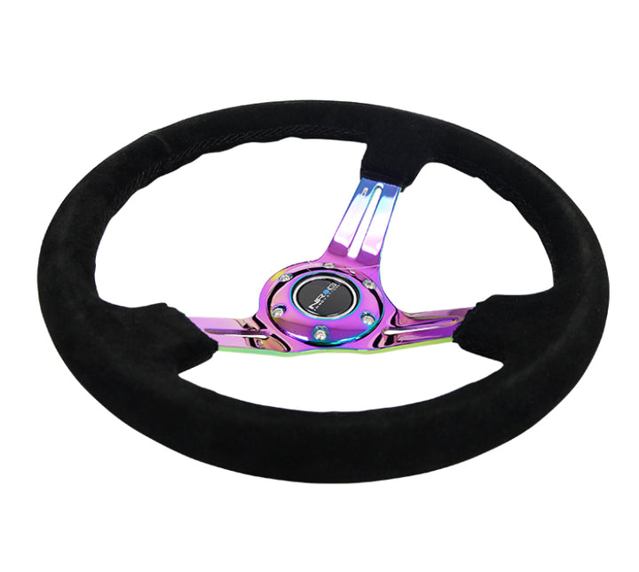NRG Reinforced Steering Wheel (350mm / 3in. Deep) Blk Suede/Blk Stitch w/Neochrome Slits - Bull Strap