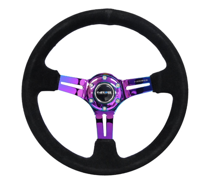 NRG Reinforced Steering Wheel (350mm / 3in. Deep) Blk Suede/Blk Stitch w/Neochrome Slits - Bull Strap