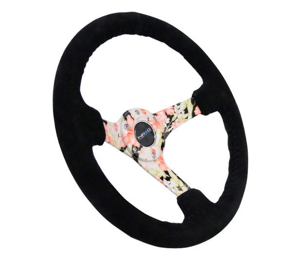NRG Reinforced Steering Wheel (350mm / 3in. Deep) Blk Suede Floral Dipped w/ Blk Baseball Stitch - Bull Strap