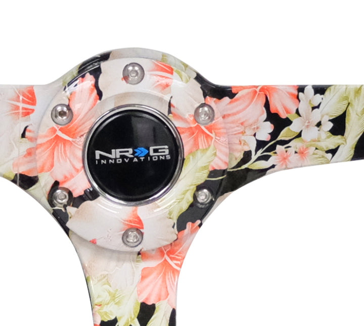 NRG Reinforced Steering Wheel (350mm / 3in. Deep) Blk Suede Floral Dipped w/ Blk Baseball Stitch - Bull Strap