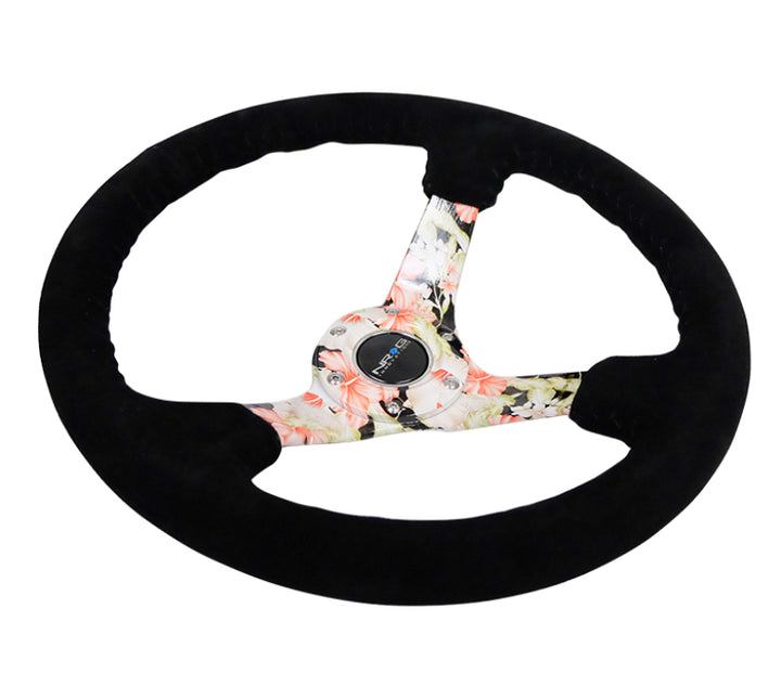 NRG Reinforced Steering Wheel (350mm / 3in. Deep) Blk Suede Floral Dipped w/ Blk Baseball Stitch - Bull Strap