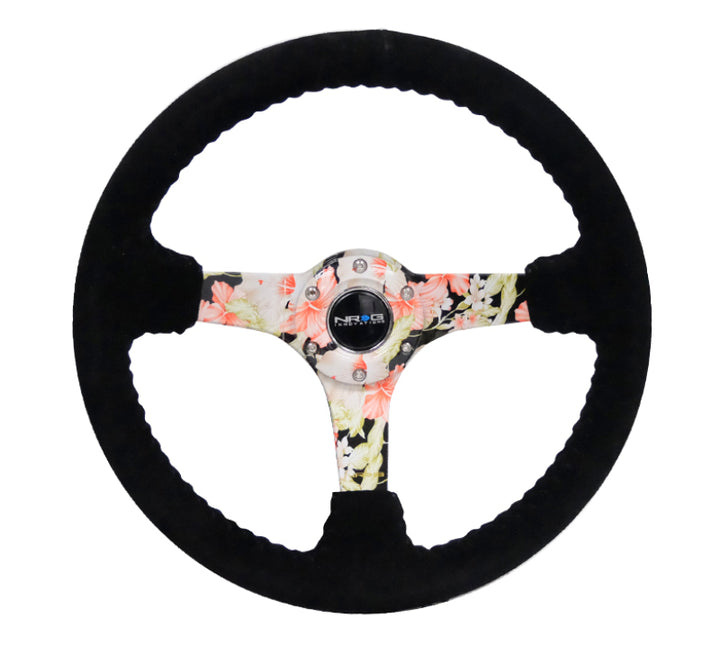 NRG Reinforced Steering Wheel (350mm / 3in. Deep) Blk Suede Floral Dipped w/ Blk Baseball Stitch - Bull Strap