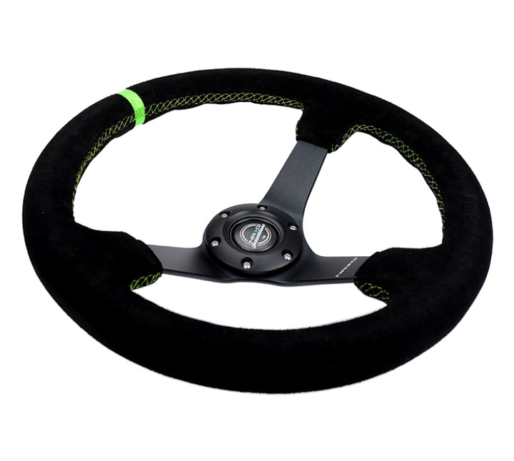 NRG Reinforced Steering Wheel 350mm/3in. Deep Blk Suede/ Neon Green Stitch w/5mm Matte Black Spoke - Bull Strap