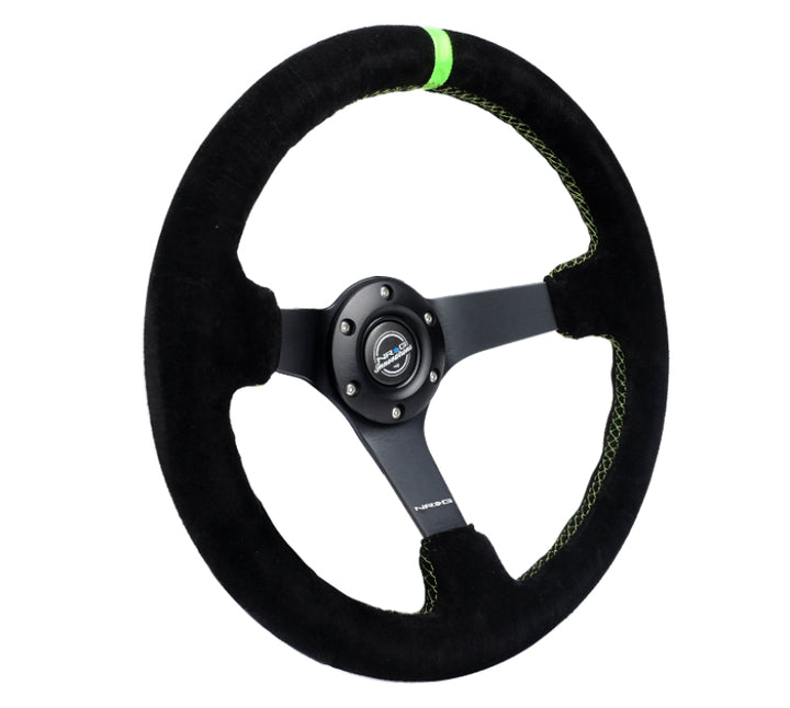 NRG Reinforced Steering Wheel 350mm/3in. Deep Blk Suede/ Neon Green Stitch w/5mm Matte Black Spoke - Bull Strap